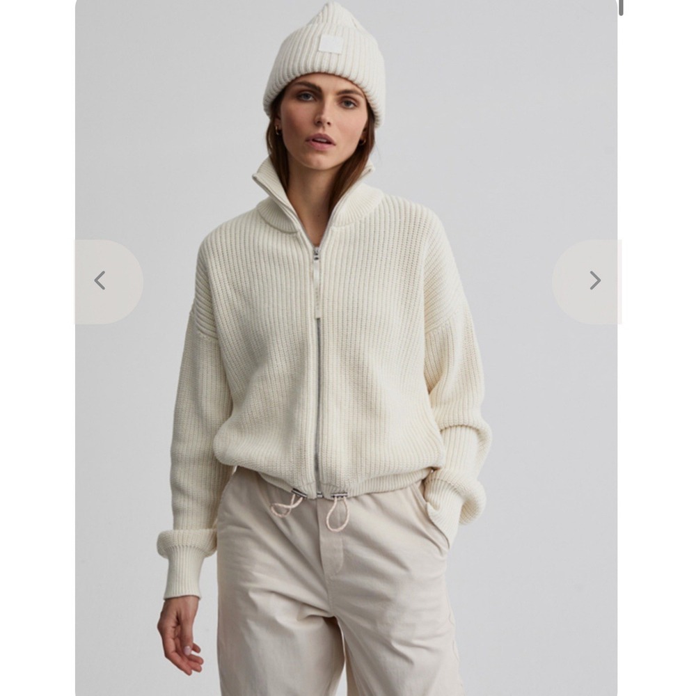 Varley Anderson Zip Through Sweater Egret White Chunky Knit Jacket Cinch Waist L